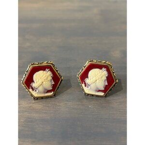 Vintage Dante Apollo Incolay Cameo Cufflinks Burgandy Red Gold Tone Excellent Co